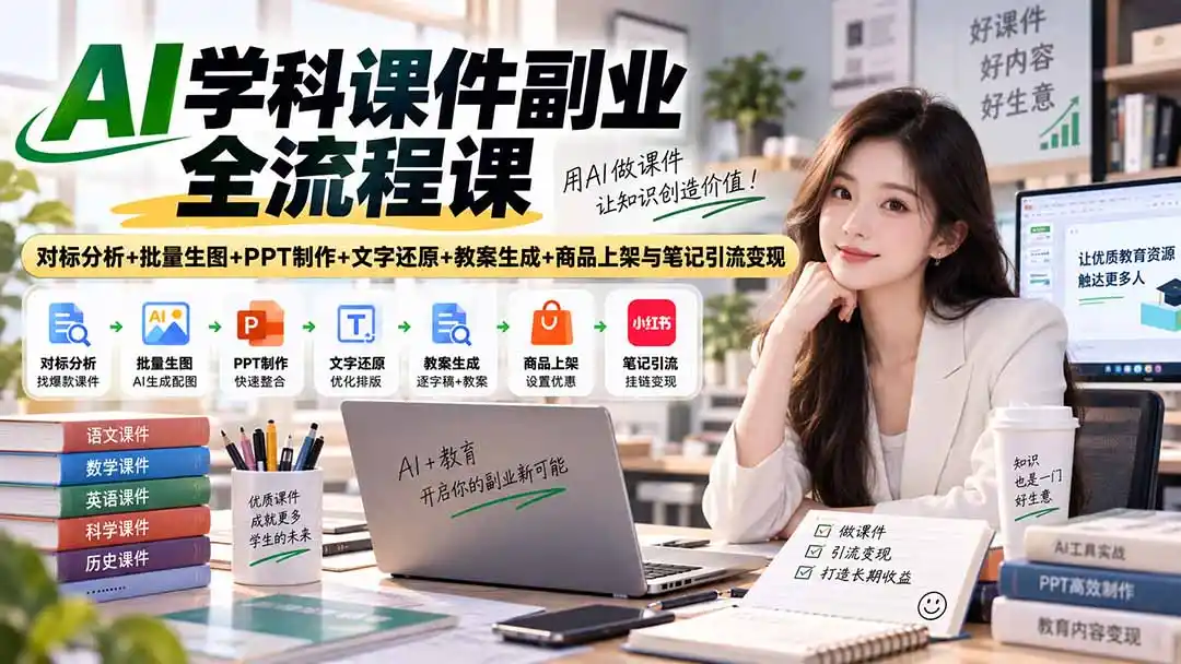 AI学科课件副业全流程课|对标分析+批量生图+PPT制作+文字还原+教案生成+商品上架与笔记引流变现-百盟网