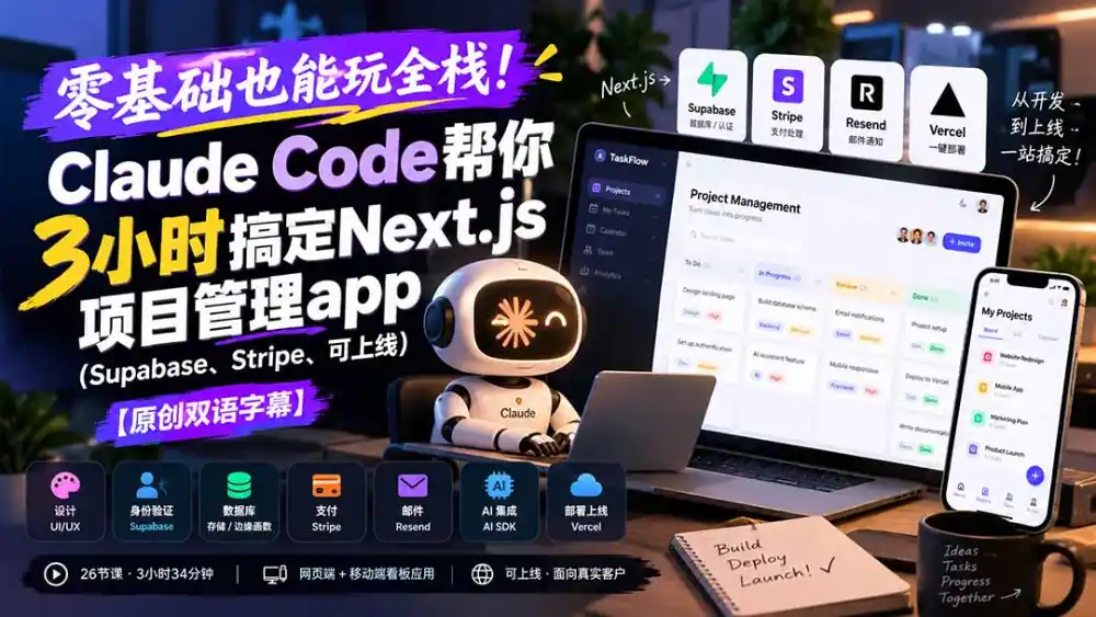 零基础也能玩全栈！Claude Code帮你3小时搞定Next.js项目管理app(Supabase、Stripe、可上线-百盟网