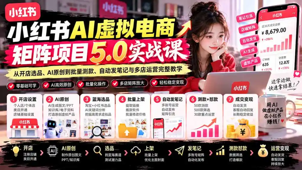 小红书AI虚拟电商矩阵5.0实战课:从开店选品、AI原创到批量测款、自动发笔记与多店运营完整教学 小红书AI虚拟电商矩阵5.0实战课:从开店选品、AI原创到批量测款、自动发笔记与多店运营完整教学