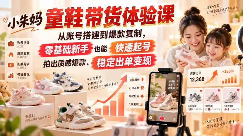 小朱妈童鞋带货体验课，从账号搭建到爆款复制，零基础新手也能快速起号、拍出质感爆款、稳定出单变现-百盟网