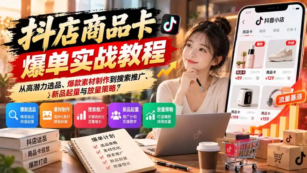 抖店商品卡爆单实战教程：从高潜力选品、爆款素材制作到搜索推广、新品起量与放量策略-百盟网