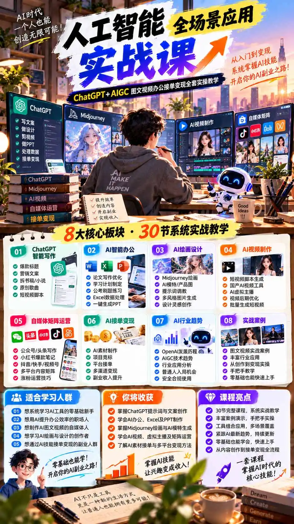 一个人掌握AI写作设计剪辑全套技能：从ChatGPT办公、AI绘画到虚拟主播、自媒体运营及接单变现-百盟网