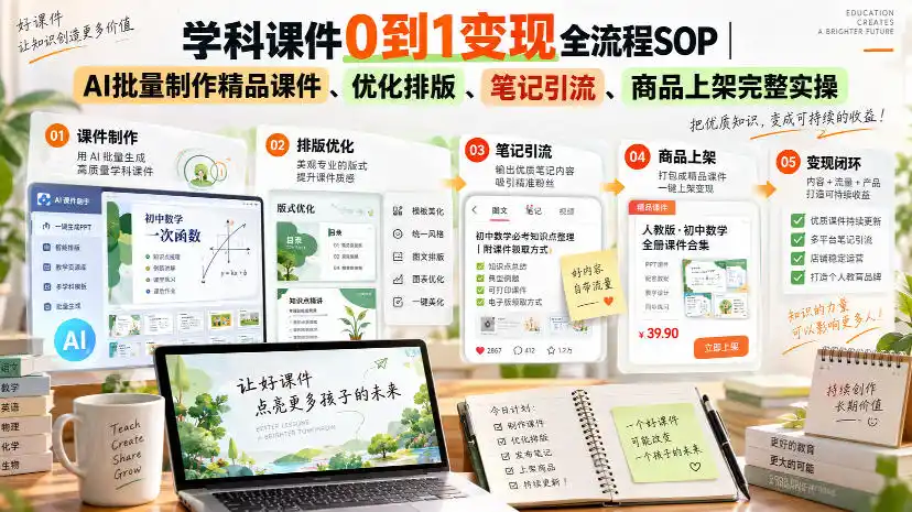 学科课件0到1变现全流程SOP|AI批量制作精品课件、优化排版、笔记引流、商品上架完整实操-百盟网