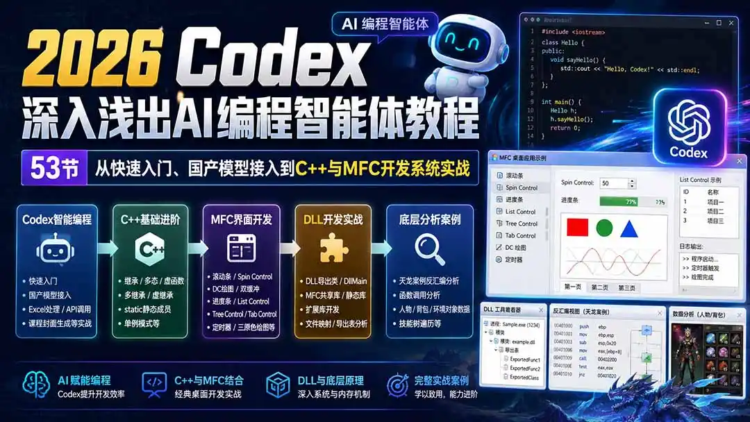 2026 Codex深入浅出AI编程智能体教程:53节从快速入门、国产模型接入到C++与MFC开发系统实战 2026 Codex深入浅出AI编程智能体教程:53节从快速入门、国产模型接入到C++与MFC开发系统实战
