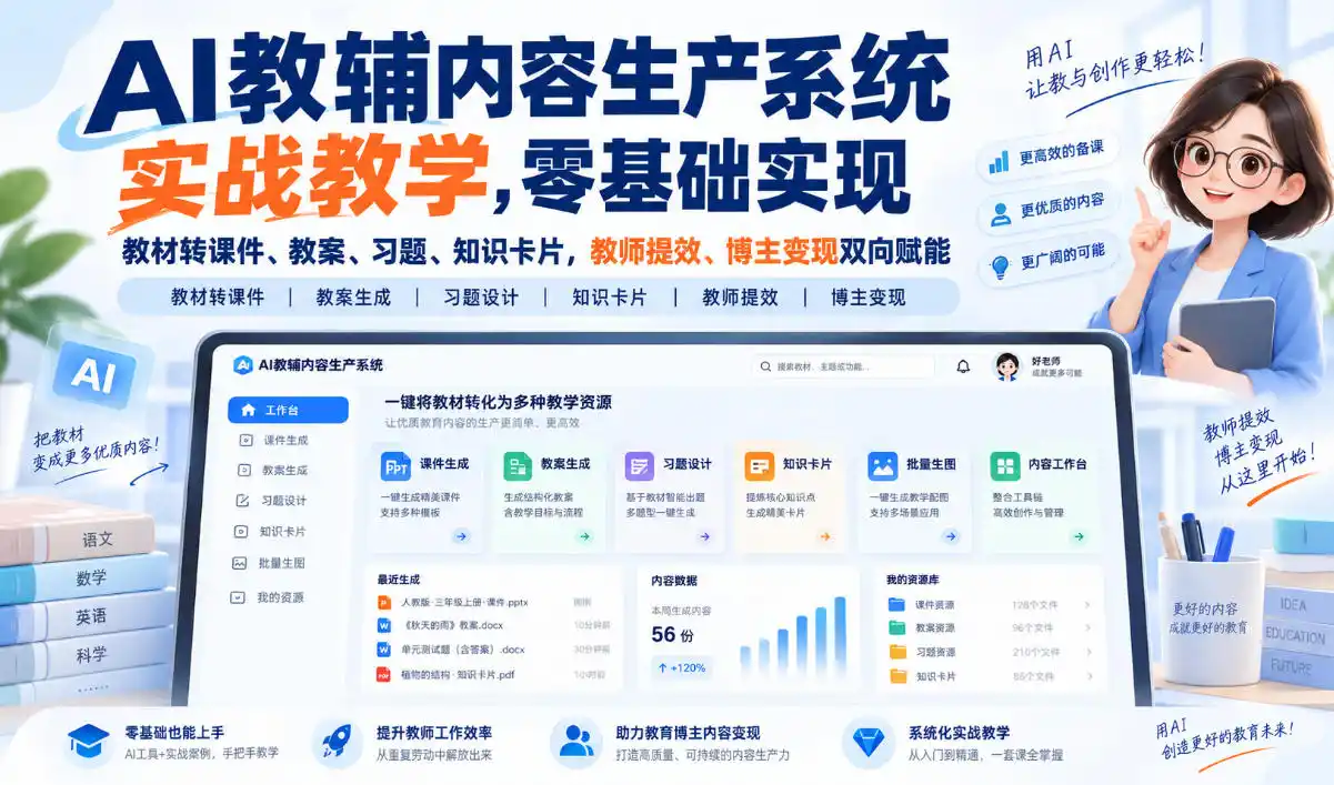 【无水印】AI教辅内容生产系统实战教学，零基础实现教材转课件、教案、习题、知识卡片，教师提效、博主变现双向赋能(更新0926)