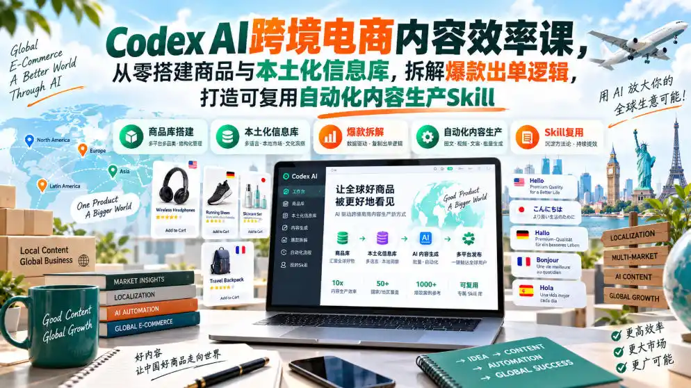 Codex AI跨境电商内容效率课，从零搭建商品与本土化信息库，拆解爆款出单逻辑，打造可复用自动化内容生产Skill-百盟网