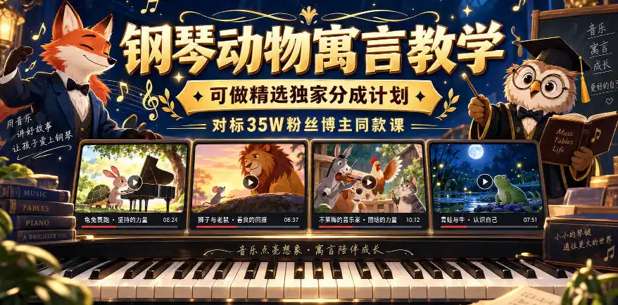 钢琴动物寓言教学，可做精选独家分成计划，对标35W粉丝博主同款课-百盟网