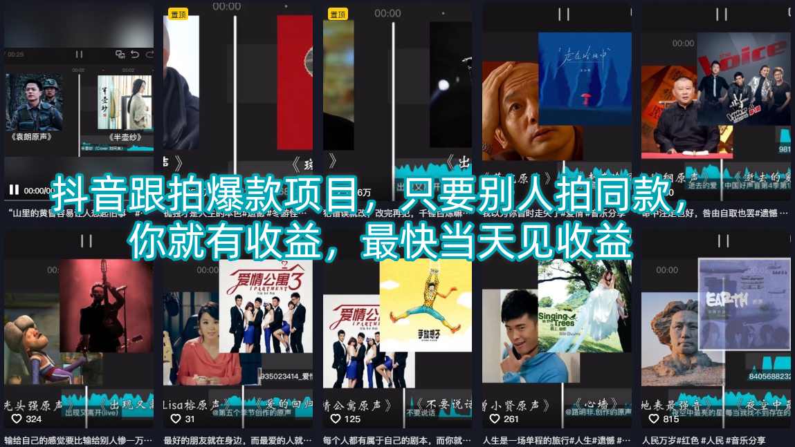 抖音跟拍爆款项目，只要别人拍同款，你就有收益，最快当天见收益-百盟网