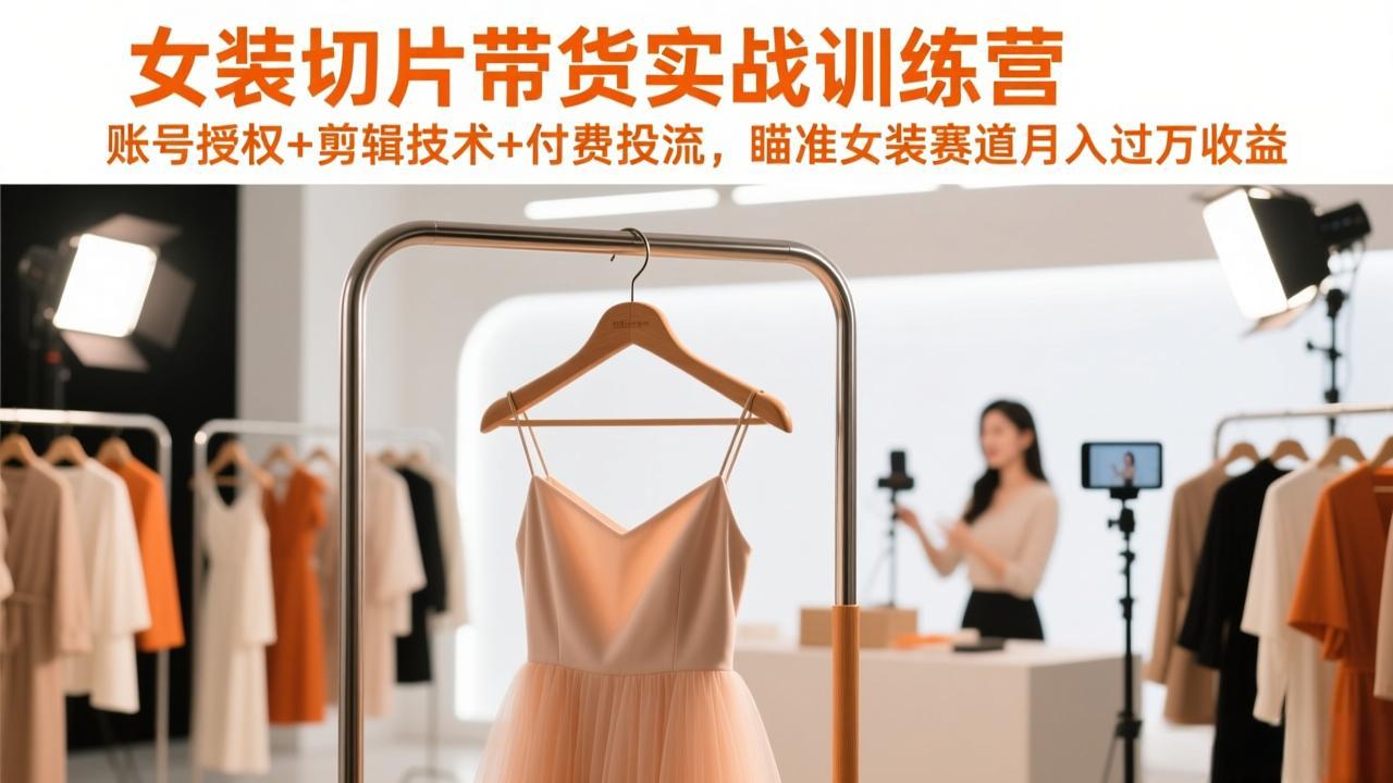 女装切片带货实战训练营，账号授权+剪辑技术+付费投流，瞄准女装赛道月入过万收益-百盟网