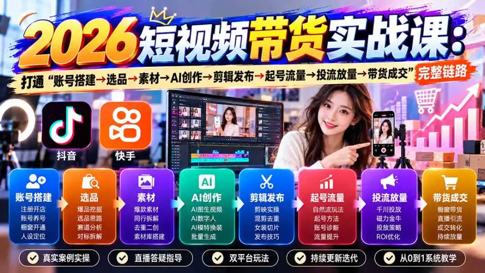2026短视频带货实战课9月：打通“账号搭建→选品→素材→AI创作→剪辑发布→起号流量→投流放量→带货成交”完整链路-百盟网