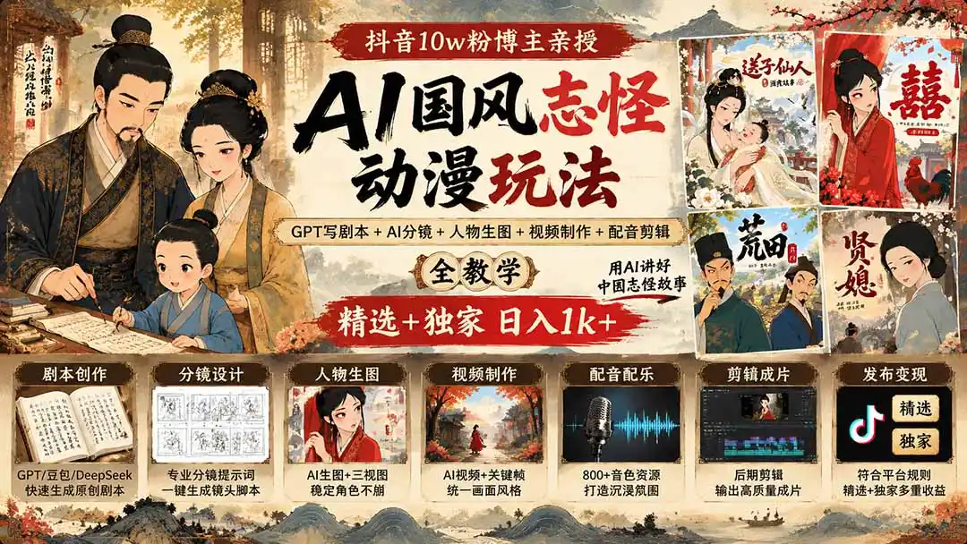 抖音10w粉博主亲授AI国风志怪动漫玩法|GPT写剧本+AI分镜+人物生图+视频制作+配音剪辑全教学|精选+独家日入1k+ 抖音10w粉博主亲授AI国风志怪动漫玩法|GPT写剧本+AI分镜+人物生图+视频制作+配音剪辑全教学|精选+独家日入1k+