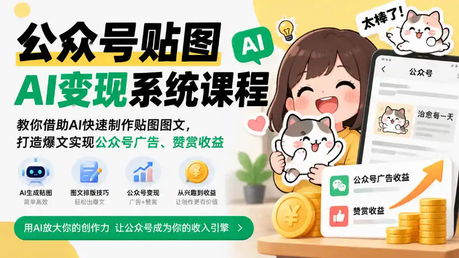 公众号贴图AI变现系统课程|教你借助AI快速制作贴图图文,打造爆文实现公众号广告、赞赏收益 公众号贴图AI变现系统课程|教你借助AI快速制作贴图图文,打造爆文实现公众号广告、赞赏收益