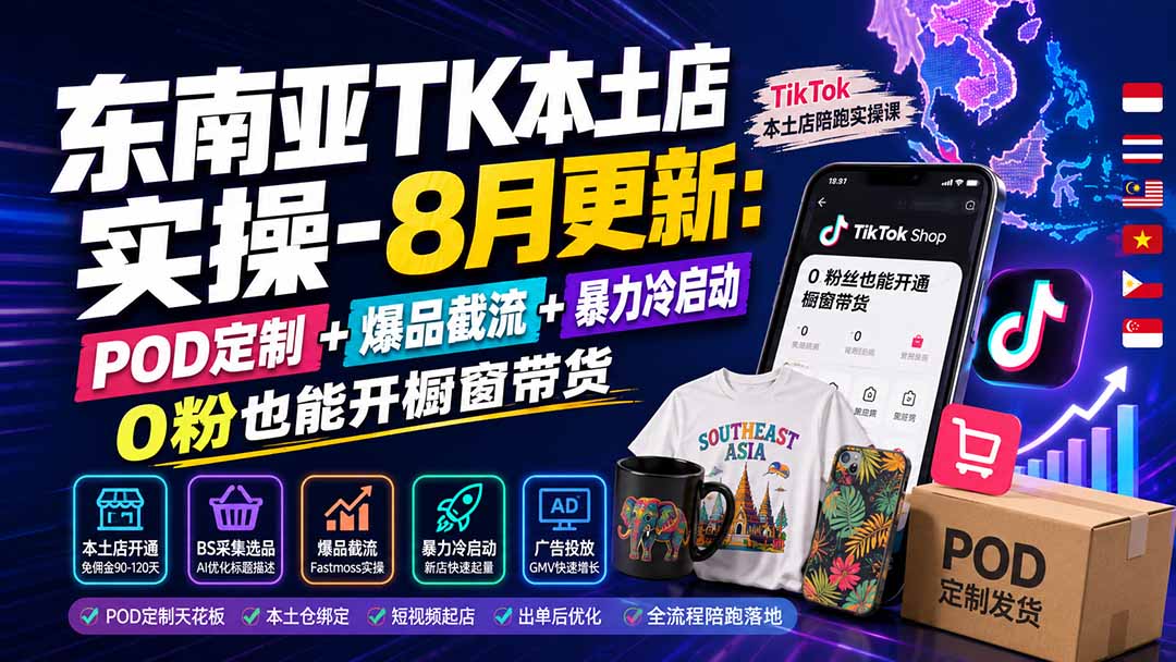 东南亚TK本土店实操-8月更新：POD定制+爆品截流+暴力冷启动，0粉也能开橱窗带货-百盟网