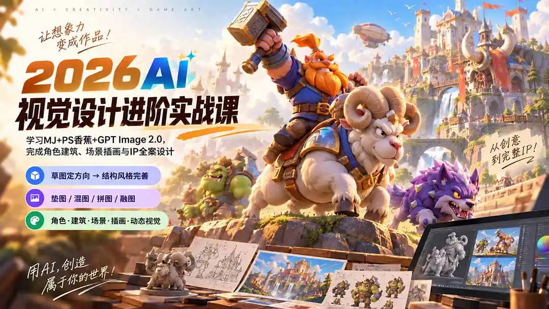 2026AI视觉设计进阶实战课-更新1007：学习MJ+PS香蕉+GPT Image 2.0，完成角色建筑、场景插画与IP全案设计-百盟网