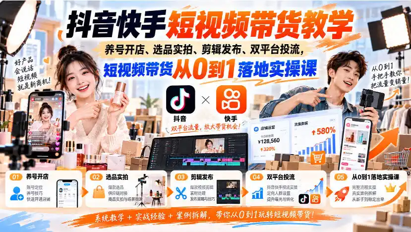 抖音快手短视频带货教学｜养号开店、选品实拍、剪辑发布、双平台投流，短视频带货从0到1落地实操课-百盟网
