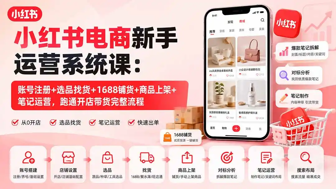 小红书电商新手运营系统课：账号注册+选品找货+1688铺货+商品上架+笔记运营，跑通开店带货完整流程-百盟网