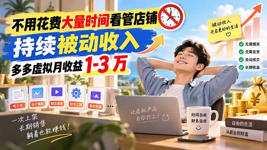 不用花费大量时间看管店铺,持续被动收入,多多虚拟月收益 1-3 万 不用花费大量时间看管店铺,持续被动收入,多多虚拟月收益 1-3 万