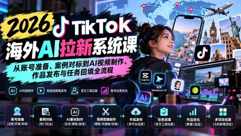 【无水印】2026 TikTok海外AI拉新系统课：从账号准备、案例对标到AI视频制作、作品发布与任务回填全流程-百盟网