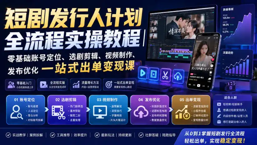 短剧发行人计划全流程实操教程｜零基础账号定位、选剧剪辑、视频制作、发布优化一站式出单变现课-百盟网