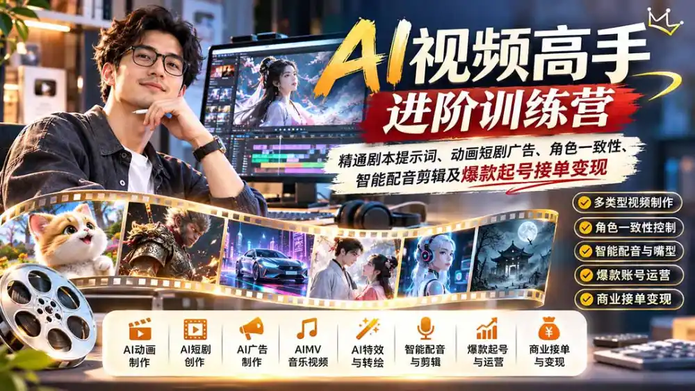 AI视频高手进阶训练营:精通剧本提示词、动画短剧广告、角色一致性、智能配音剪辑及爆款起号接单变现 AI视频高手进阶训练营:精通剧本提示词、动画短剧广告、角色一致性、智能配音剪辑及爆款起号接单变现