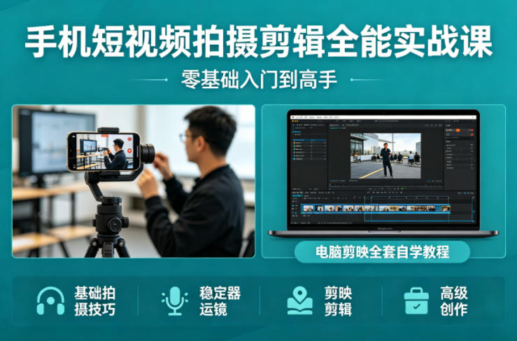 手机短视频拍摄剪辑全能实战课：零基础入门到高手，稳定器运镜+电脑剪映全套自学教程-百盟网