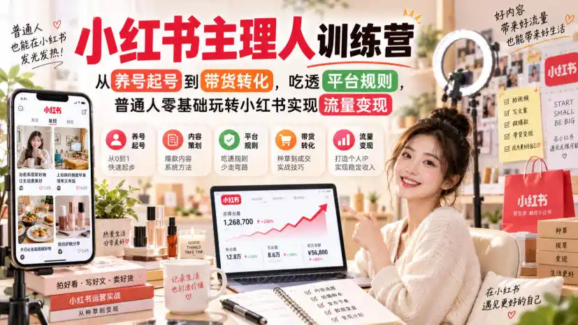 小红书主理人训练营，从养号起号到带货转化，吃透平台规则，普通人零基础玩转小红书实现流量变现-百盟网