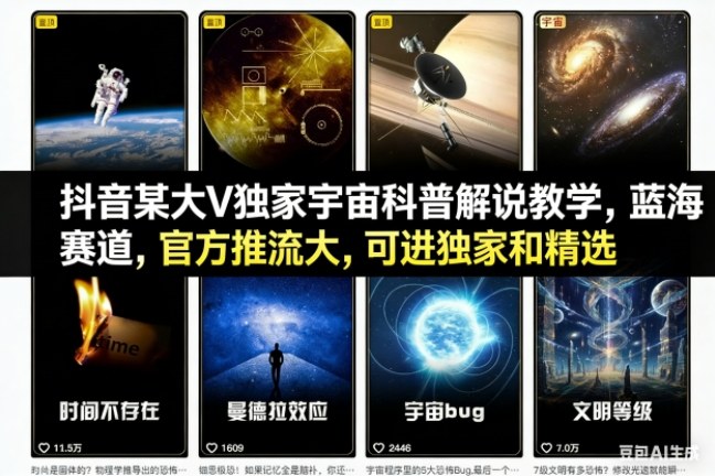 抖音某大V独家宇宙科普解说教学，蓝海赛道，官方推流大，可进独家和精选-百创网