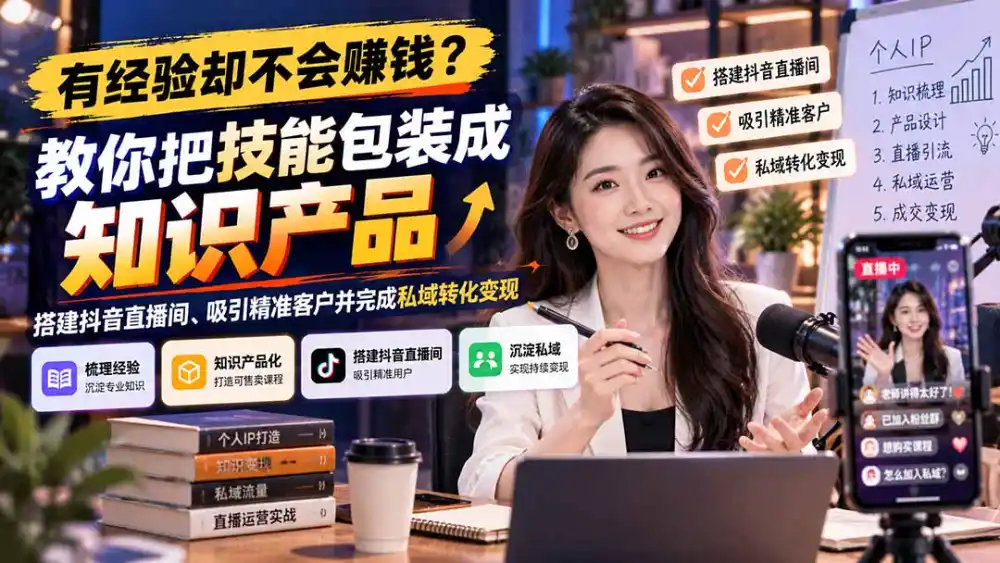 有经验却不会赚钱?教你把技能包装成知识产品,搭建抖音直播间、吸引精准客户并完成私域转化变现 有经验却不会赚钱?教你把技能包装成知识产品,搭建抖音直播间、吸引精准客户并完成私域转化变现
