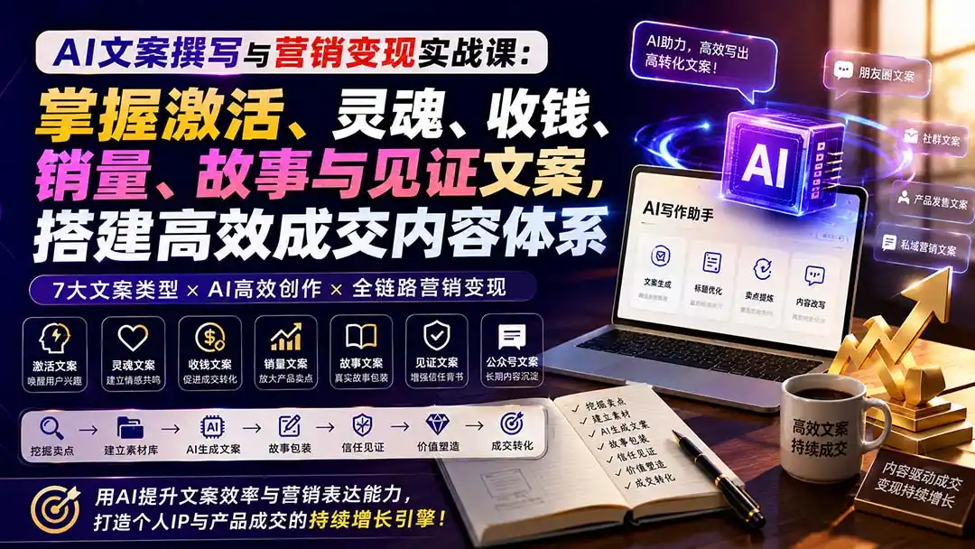 AI文案撰写与营销变现实战课：掌握激活、灵魂、收钱、销量、故事与见证文案，搭建高效成交内容体系-百盟网