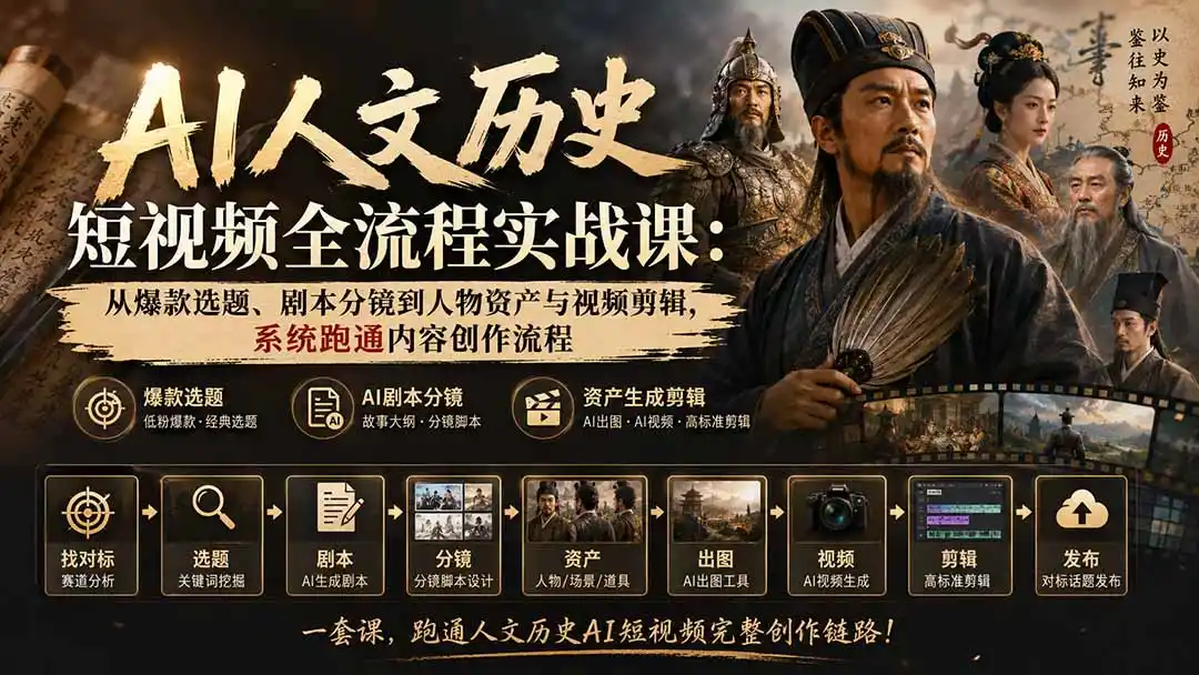 AI人文历史短视频全流程实战课-更新:从爆款选题、剧本分镜到人物资产与视频剪辑,系统跑通内容创作流程-百盟网