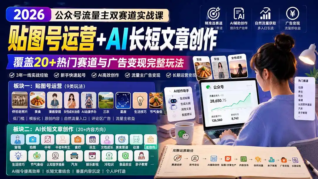 公众号流量主双赛道实战课：贴图号运营+AI长短文章创作，覆盖20+热门赛道与广告变现完整玩法-百盟网
