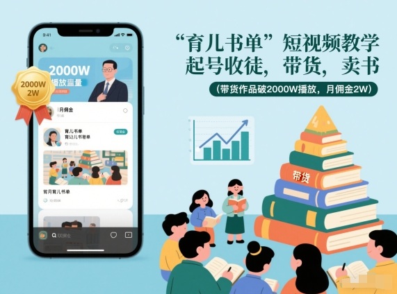 育儿书单短视频教学，起号收徒，带货，卖书(带货作品破2000W播放，月佣金2W)-百创网