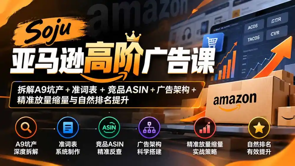 Soju亚马逊高阶广告课：拆解A9坑产+准词表+竞品ASIN+广告架构+精准放量缩量与自然排名提升-百盟网