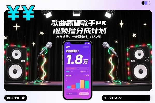 歌曲翻唱歌手PK视频撸分成计划,自带流量,一天两小时,日入2张-百创网