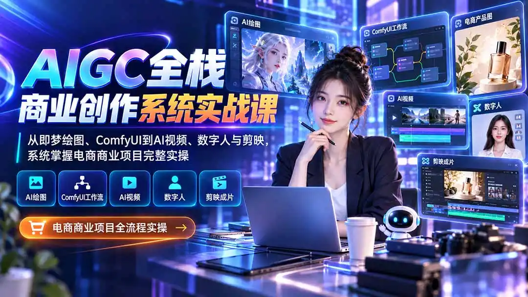 AIGC全栈商业创作系统实战课:从即梦绘图、ComfyUI到AI视频、数字人与剪映,系统掌握电商商业项目完整实操-百盟网
