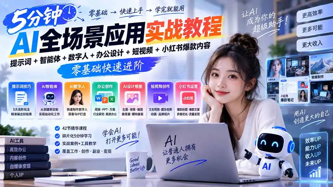 AI全场景应用实战教程｜提示词+智能体+数字人+办公设计+短视频+小红书爆款内容，零基础快速进阶-百盟网
