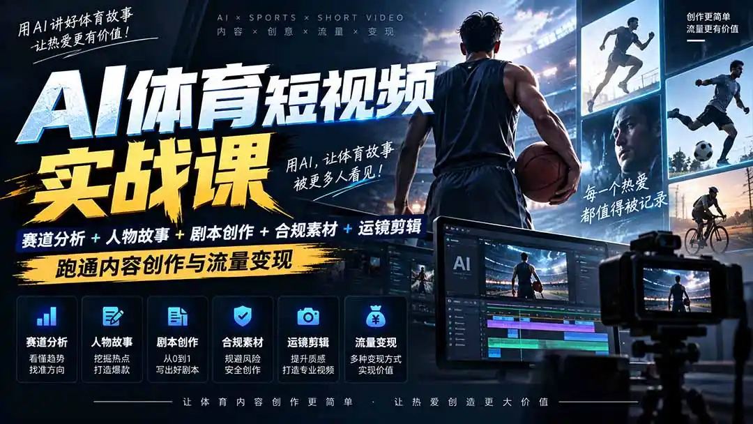 AI体育短视频赛道顶级玩法|赛道分析+人物故事+剧本创作+版权处理+运镜剪辑,跑通流量变现-日赚1K+-百盟网