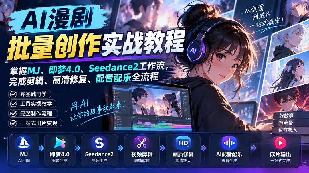 AI漫剧批量创作实战教程：掌握MJ、即梦4.0、Seedance2工作流，完成剪辑、高清修复、配音配乐全流程-百盟网