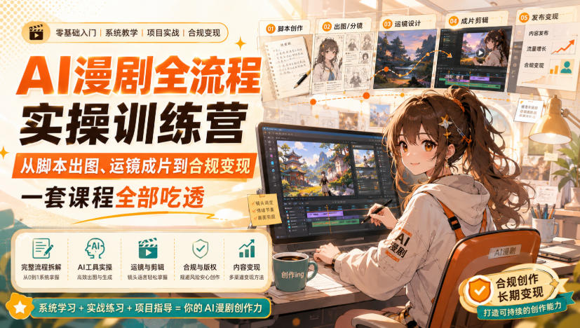 AI漫剧全流程实操训练营，从脚本出图、运镜成片到合规变现，一套课程全部吃透-百盟网