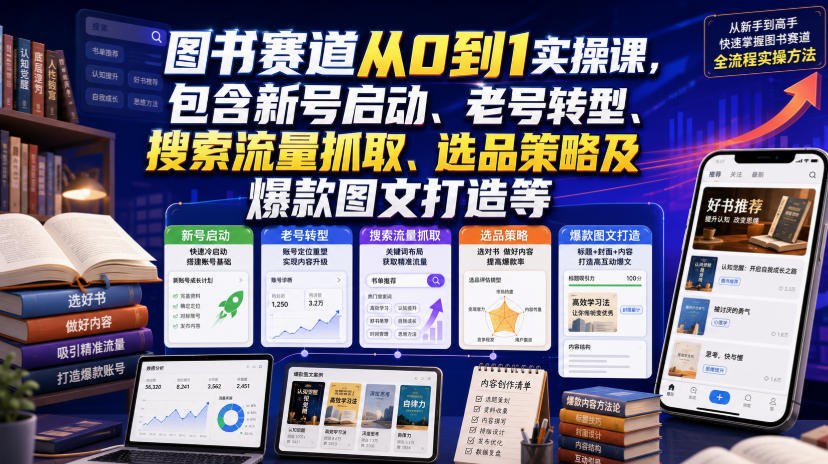 图书赛道从0到1实操课，包含新号启动、老号转型、搜索流量抓取、选品策略及爆款图文打造等-百盟网