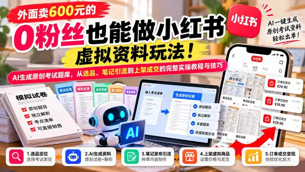 外面卖600元的 零粉丝也能做小红书虚拟资料玩法！AI生成原创考试题库，从选品、笔记引流到上架成交的完整实操教程-百盟网