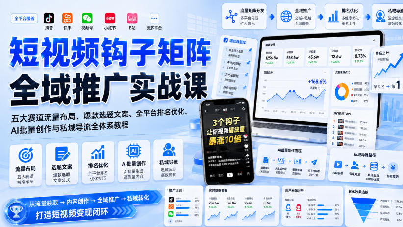 短视频钩子矩阵全域推广实战课｜五大赛道流量布局、爆款选题文案、全平台排名优化、AI批量创作与私域导流全体系教程-百盟网