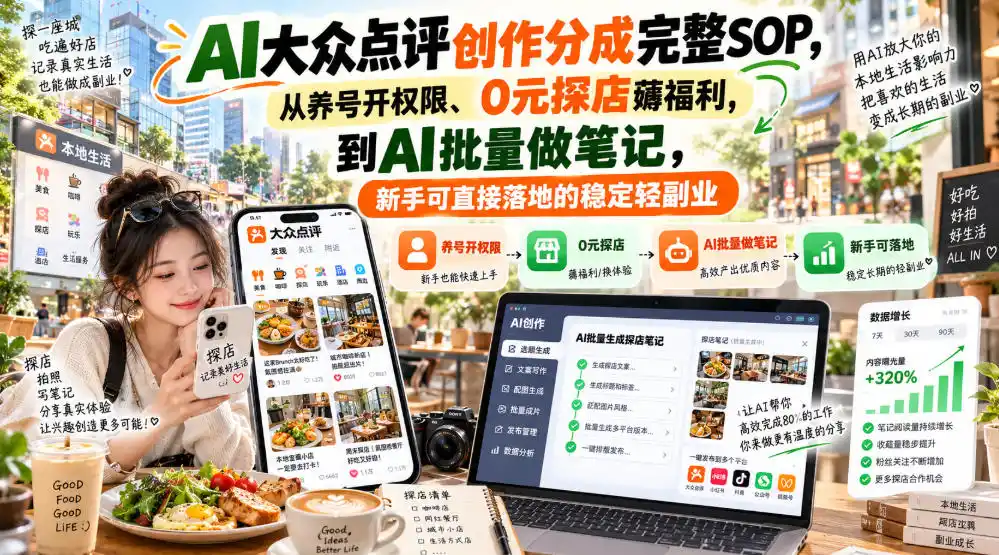 【无水印】AI大众点评创作分成完整SOP，从养号开权限、0元探店薅福利，到AI批量做笔记，新手可直接落地的稳定轻副业-百盟网