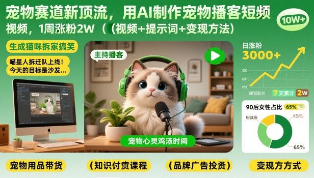 宠物赛道新顶流，用AI制作宠物播客短视频，1周涨粉2W(视频+提示词+变现方法)-百创网