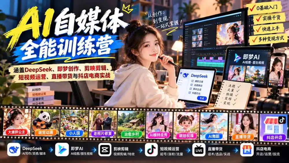 【无水印】AI+自媒体全能训练营:涵盖DeepSeek、即梦创作、剪映剪辑、短视频运营、直播带货与抖店电商实战 【无水印】AI+自媒体全能训练营:涵盖DeepSeek、即梦创作、剪映剪辑、短视频运营、直播带货与抖店电商实战