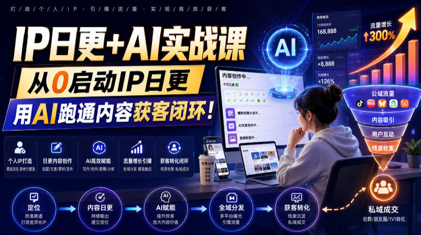 IP日更+AI实战课，从0启动IP日更，IP置顶视频制作+100条选题库搭建+10条日更规划，用AI跑通内容获客闭环!-百盟网