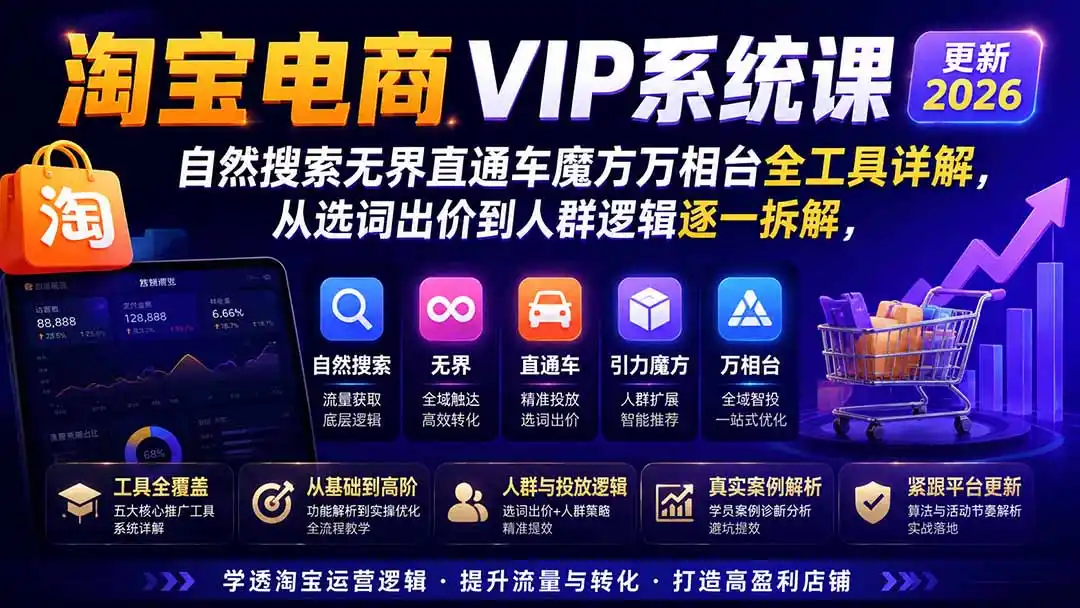 淘宝电商VIP系统课-更新8月；自然搜索无界直通车魔方万相台全工具详解，从选词出价到人群逻辑逐一拆解-百盟网