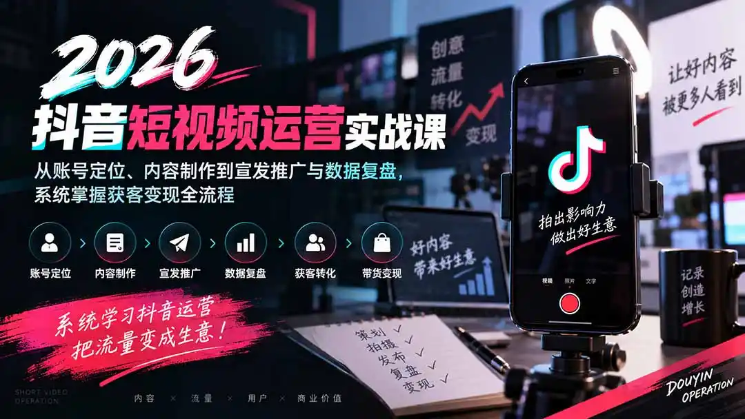 2026抖音短视频运营实战课:从账号定位、内容制作到宣发推广与数据复盘,系统掌握获客变现全流程-百盟网