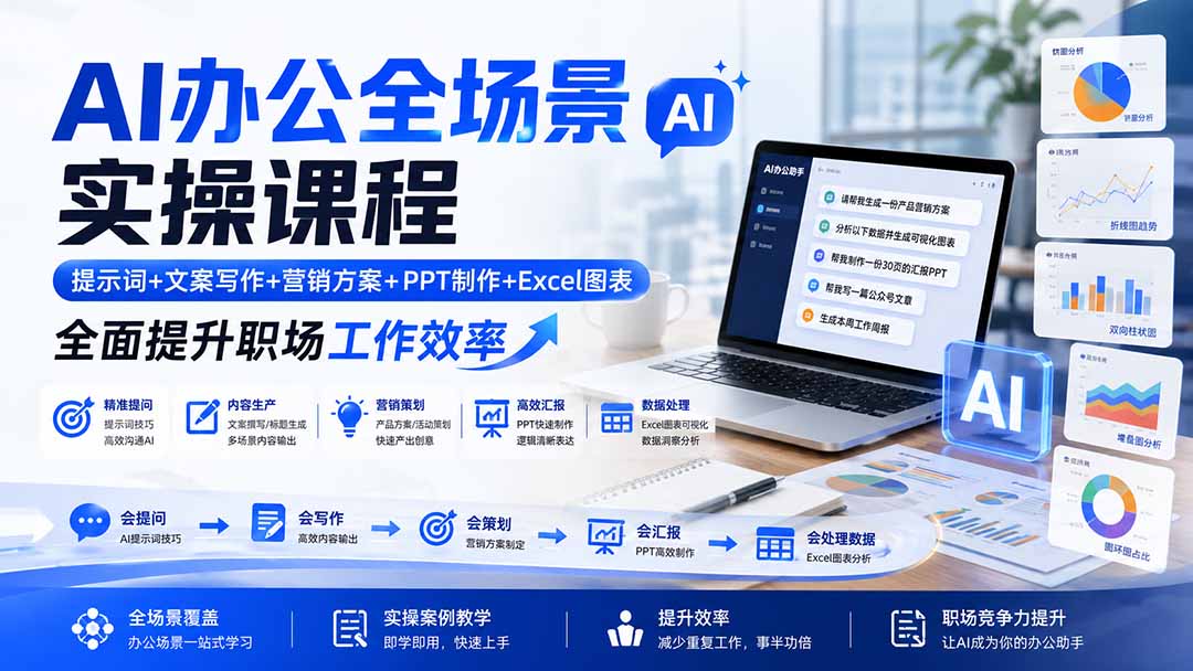 AI办公全场景实操课程：提示词+文案写作+营销方案+PPT制作+Excel图表，全面提升职场工作效率-百盟网