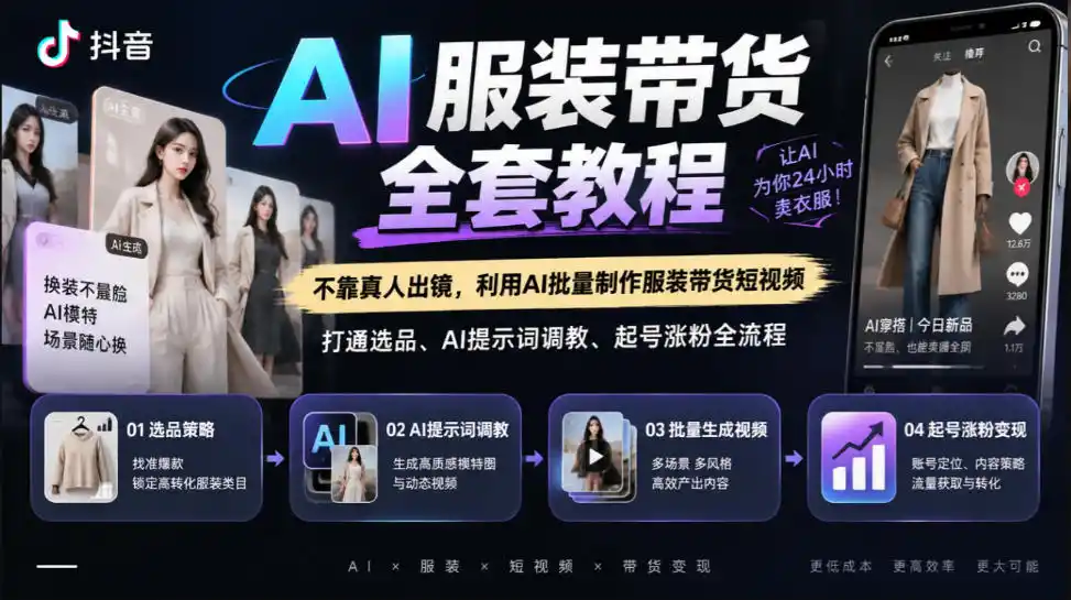 抖音AI服装带货全套教程,不靠真人出镜,利用AI批量制作服装带货短视频,打通选品、AI提示词调教、起号涨粉全流程 抖音AI服装带货全套教程,不靠真人出镜,利用AI批量制作服装带货短视频,打通选品、AI提示词调教、起号涨粉全流程